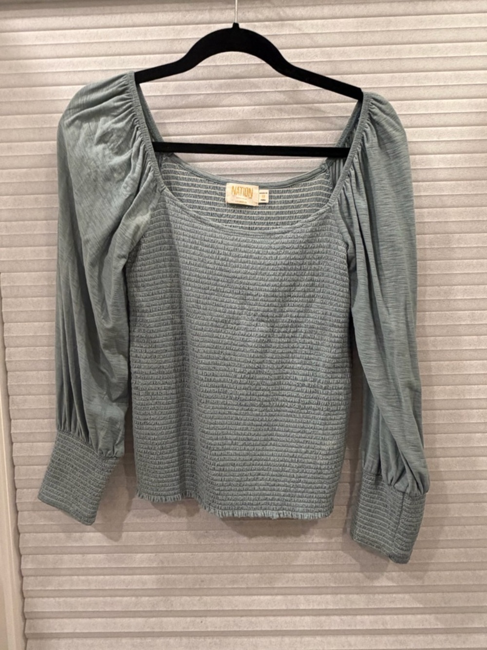 Nation LTD Sage Green Smocked Long-Sleeve Top